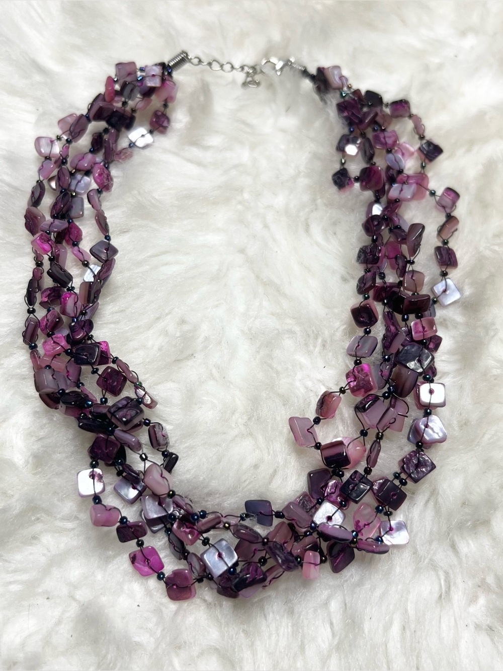 Vintage Multi-Strand Purple Shell Beaded Statement Choker Necklace